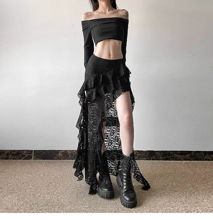 Gothic Skirt 2000s Summer Women's Clothes Gyaru Kpop Streetwear Lace High Waist Casual Aesthetic Long Skrit Femme Hip Hop Skirts