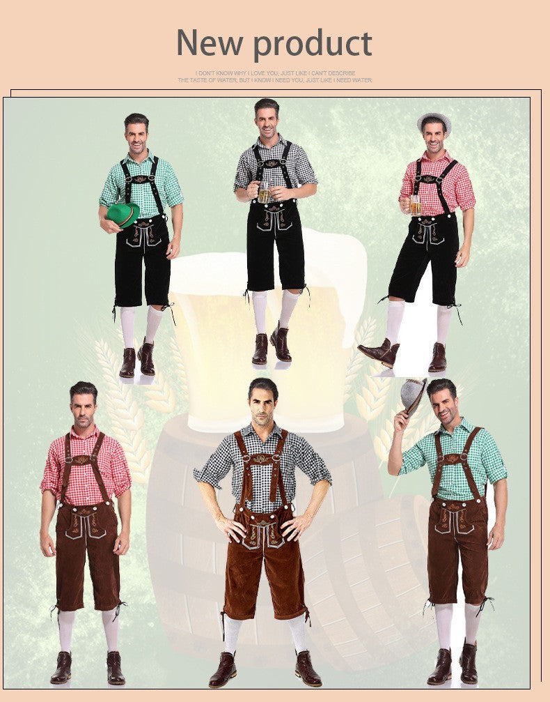 Germany Oktoberfest Costumes Adult Men Traditional Bavarian Beer Shorts Outfit Overalls Shirt Hat Suspenders Set Halloween Cloth