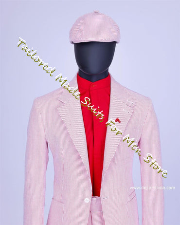 Summer Men'S Blazer Pink Seersucker Prom Dresses Slim Fit Men'S Suit Male Set 2 Pieces High Quality Luxury Jackets Trousers