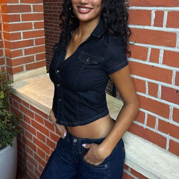 Y2k retro solid color denim material women T-shirt single-row button Harajuku slim short denim shirt casual top