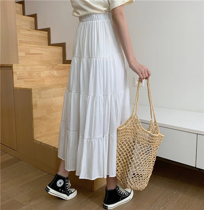 Spring Summer Women Chiffon Skirts Vintage High Waist Elastic Patchwork White Bl