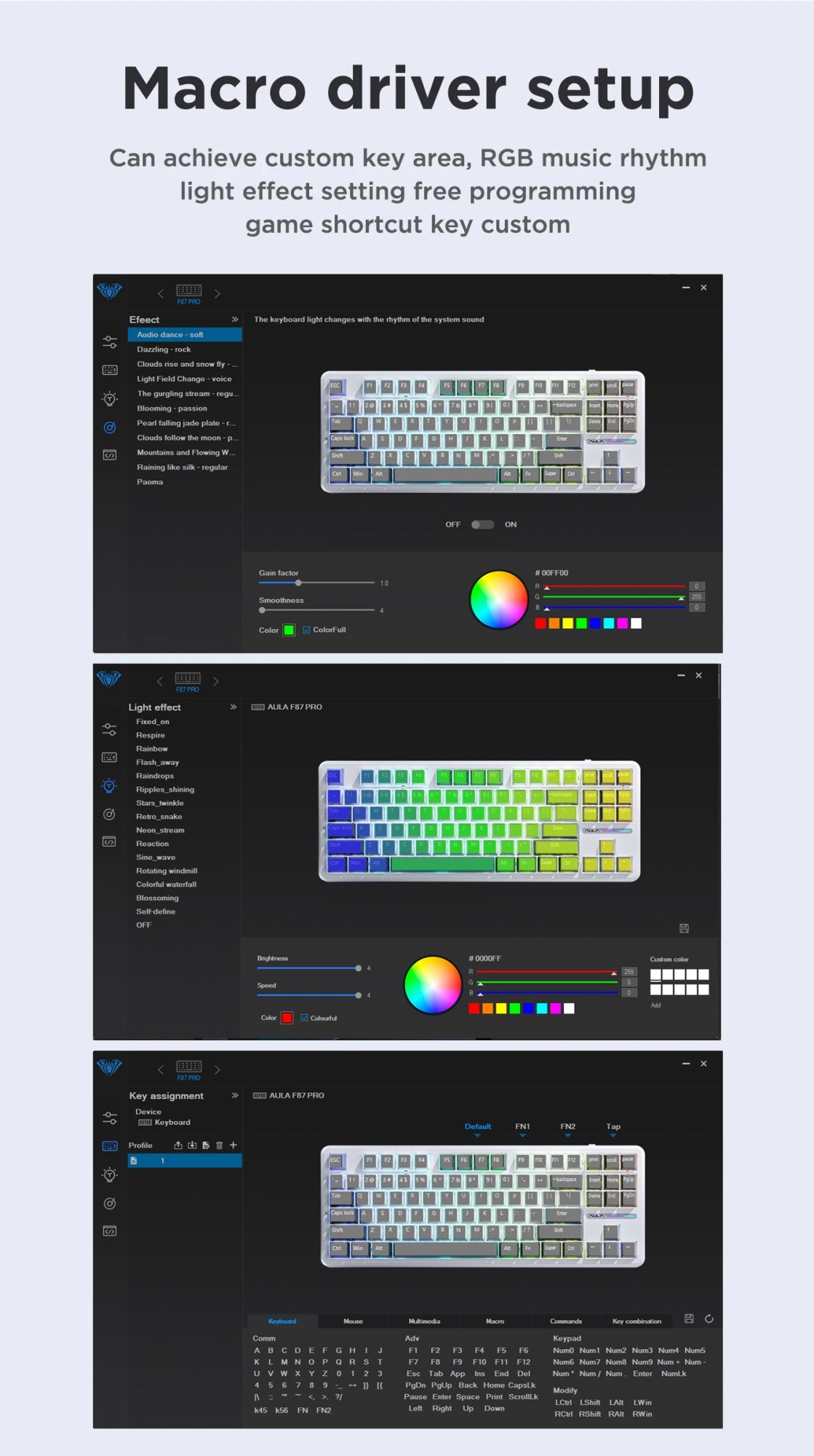 Teclado Mecânico AULA F87 Pro 2.4g/Usb/Bluetooth Tri Mode Sem Fio 87 Teclas Rgb Pbt Gasket 5 Camadas Silencioso Teclas Completas Sem Impacto