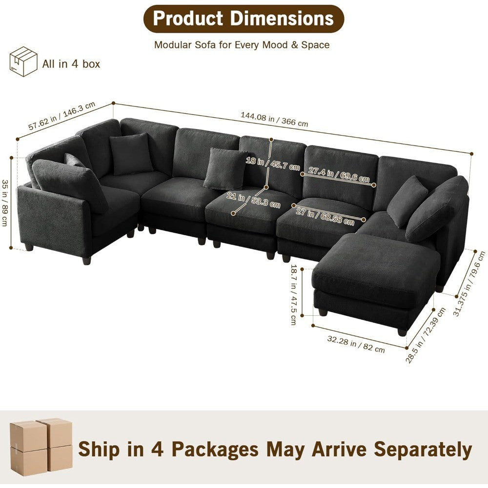Luxury Oversized Chenille Sofa – 7-Seat Modular Sectional Cloud Couch with Movable Ottoman, Convertible for Living Room