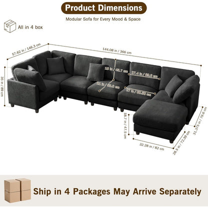 Luxury Oversized Chenille Sofa – 7-Seat Modular Sectional Cloud Couch with Movable Ottoman, Convertible for Living Room