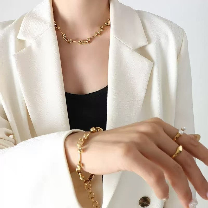 GANEMLY 316L Aço Inoxidável Metal Dourado Cor Contas Corrente Colar Pulseira Conjunto Para Mulheres Correntes Modernas Joias À Prova D'água Novo