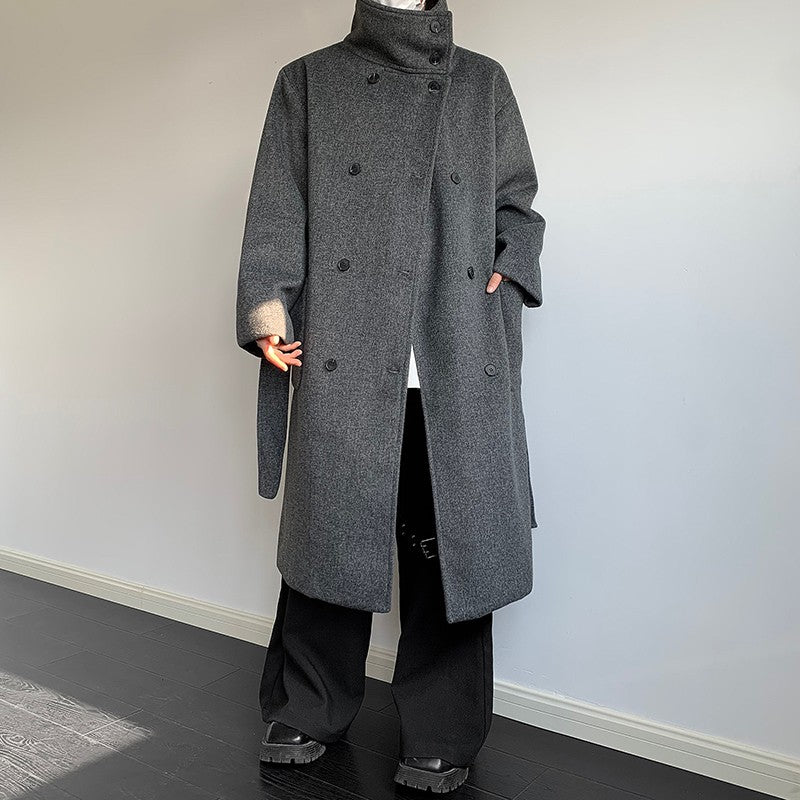 Men's Double-Breasted Wool Blend Overcoat with Belt Loose Fit Solid Color Stand Collar Mid-Length Trench Coat for Autumn Winter
