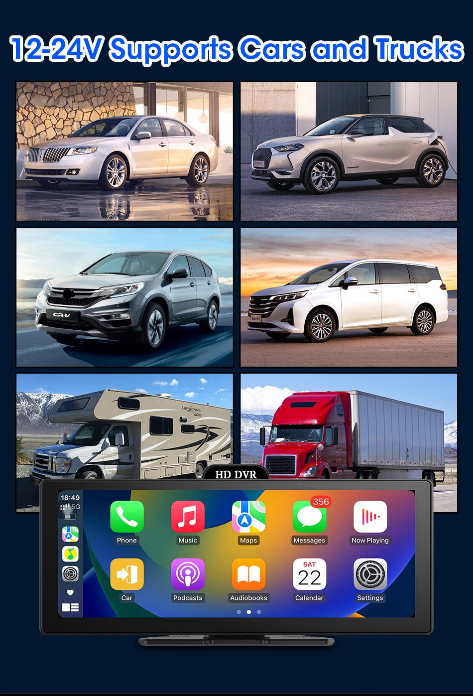 Gravador de Vídeo DVR 4K de 10/11,26 Polegadas com CarPlay e Android Auto Sem Fio, Câmera Veicular, Áudio Bluetooth, Navegação GPS e Duas Lentes para Painel