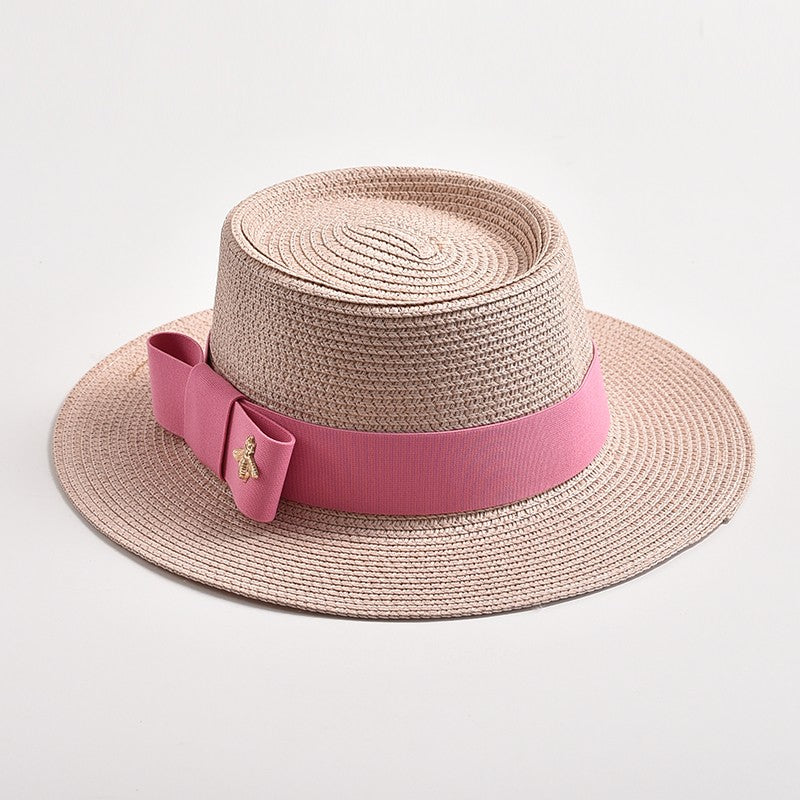 Novos Chapéus de Palha Primavera Verão Femininos de Superfície Ondulada, Topo Reto, Laço, Boné de Vestido, Chapéu de Sol para Viagem e Praia, Gorra