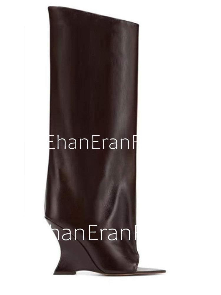 2025Ladies' Spring and Summer New Fish Mouth Slope High Heel Knee Boots, Fashionable Pointed Fashion Show Medium Cool Boots