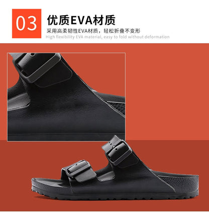 Litfun Women Summer New Sandals Fashion Double Buckle Outdoor Non-slip Beach Shoes Soft EVA Sandals Couple Casual House Slides