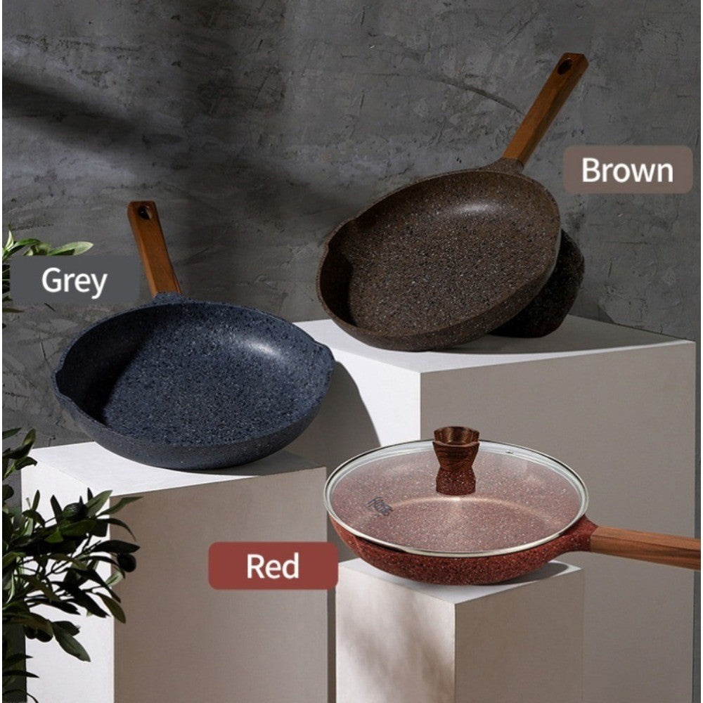 Frigideira Antiaderente de Granito DONNOR com Tampa, 30 cm, Saudável, Utensílios de Cozinha de Pedra, Vermelho ou Cinza, Fácil de Limpar