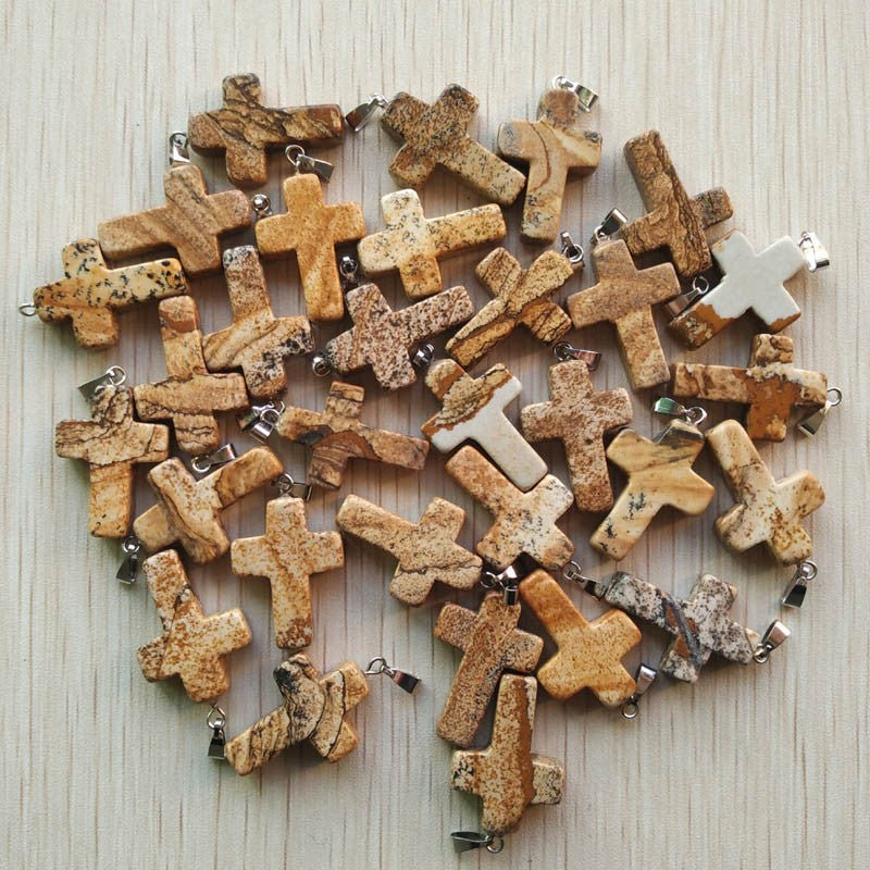 Wholesale 50pcs/lot Fashion Hot Sell Natural Stone Mixed Color Assort Cross Pendants Charms Fit Necklaces Jewelry Making