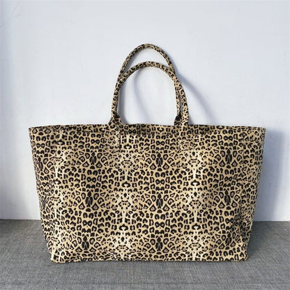 Korean Fashion Leopard Pattern Shoulder Bag Trendy Letter Embroidery Tote Bags Women Canvas Large Capacity Handbag Shopping Bags