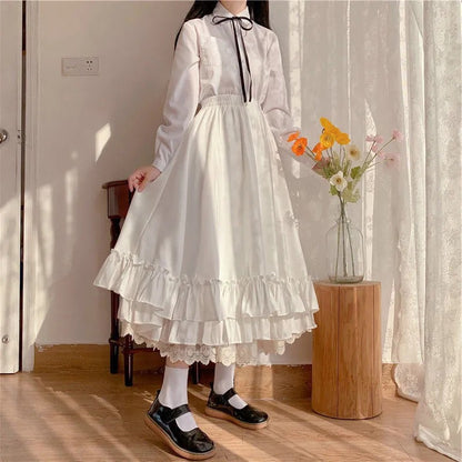 Fashion Sweet Midi Skirt Women Lace Patchwork Bow Preppy Fall Loose Casual Skirts Japanses Ruffle High Waist Solid Chic Skirt