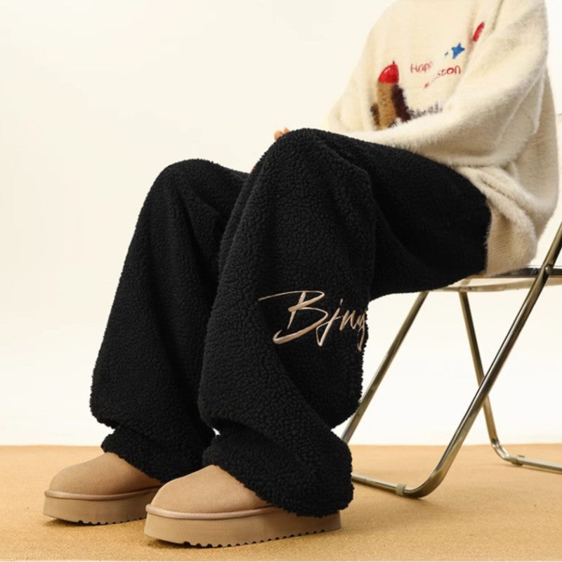 Women's Embroidered Flannel Sweatpants American Lamb Fleece Cotton Thickened Warm Couple Skiing Pants Autumn