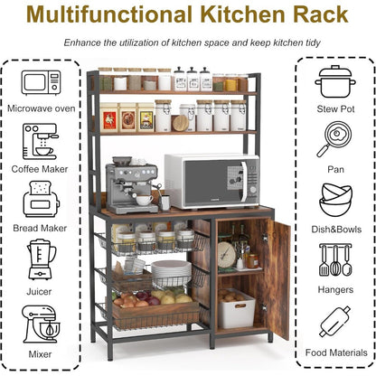 Armário de Cozinha com Cesto e Porta, Suporte de Micro-ondas Industrial, Prateleira de Armazenamento, Carrinho de Cozinha Independente