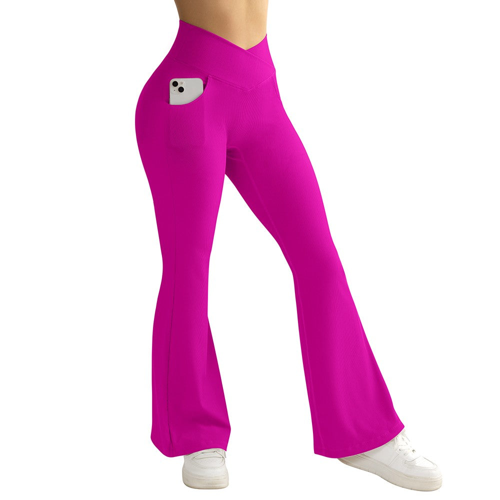 Women Ribbed Crossover Flare Leggings V Waist Slim Fit Yoga Pants with Pockets Workout Fitness Yoga Pants Flared Pants Female
