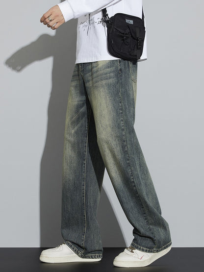 Calças Jeans Masculinas Folgadas de Algodão Perna Larga Retrô Estilo Urbano Coreano Reta Lavada Calças Jeans de Marca de Alta Qualidade