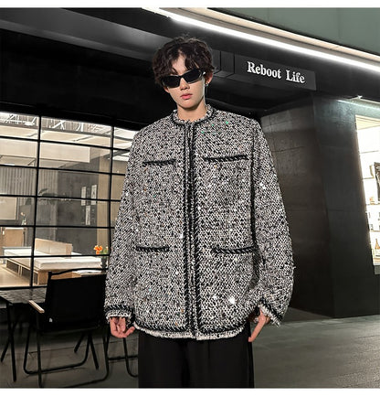 Korean Fashion Shiny Sequin Jacket Sliver Round Collar Long Sleeve Jackets Coats Autumn New Ladies Gentleman High Street