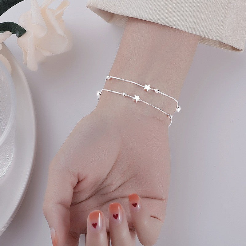 Pulseiras de miçangas de estrela de prata esterlina 925 de luxo para mulheres, pulseira ajustável de camada dupla de designer original, joia de festa