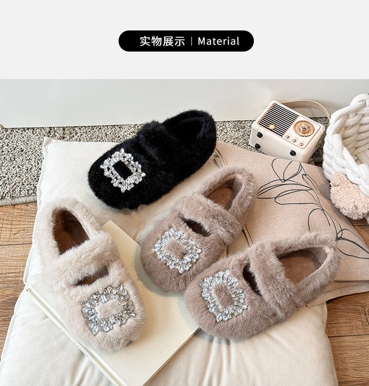 2025 Autumn Winter Children Warm Fur Shoes Fashion Rhinestone Moccasins Flats Outwear Girls Shoes Khaki, Beige, White