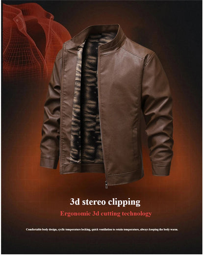 2025 New Men's autumn thin velvet leather jacket, warm and retro men's motorcycle jacket, outdoor casual PU leather jacket