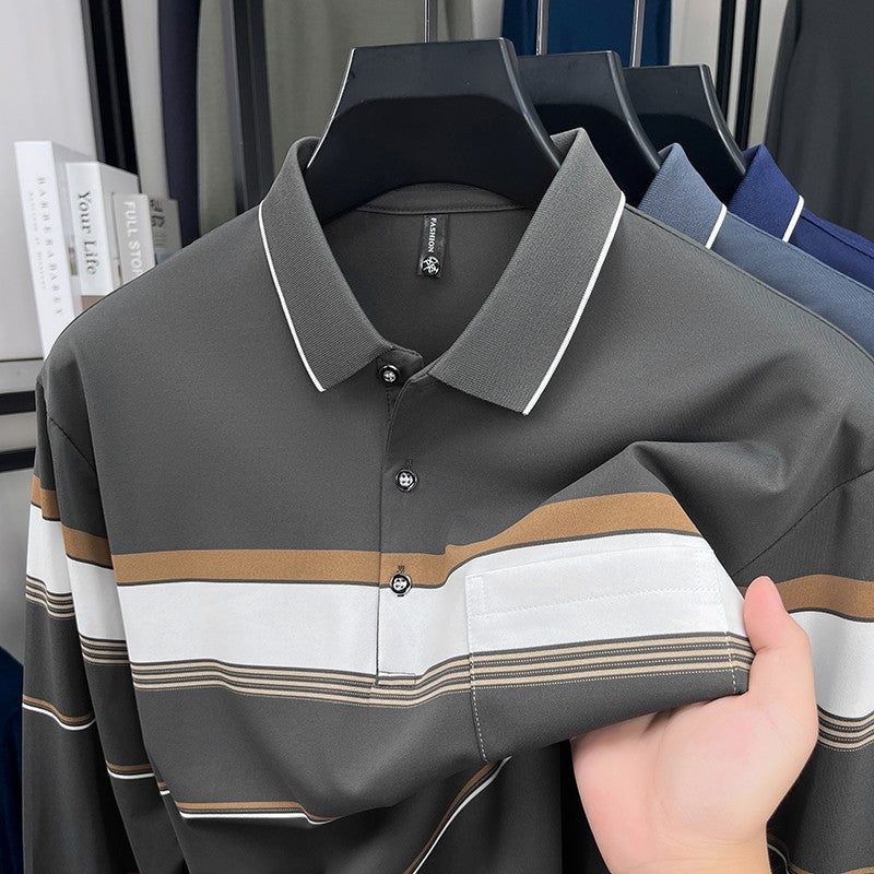 High quality stripe men's long sleeve polo shirt fashion luxury pocket middle-aged business casual color blocked comfort T-shirt