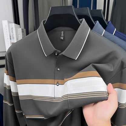 High quality stripe men's long sleeve polo shirt fashion luxury pocket middle-aged business casual color blocked comfort T-shirt