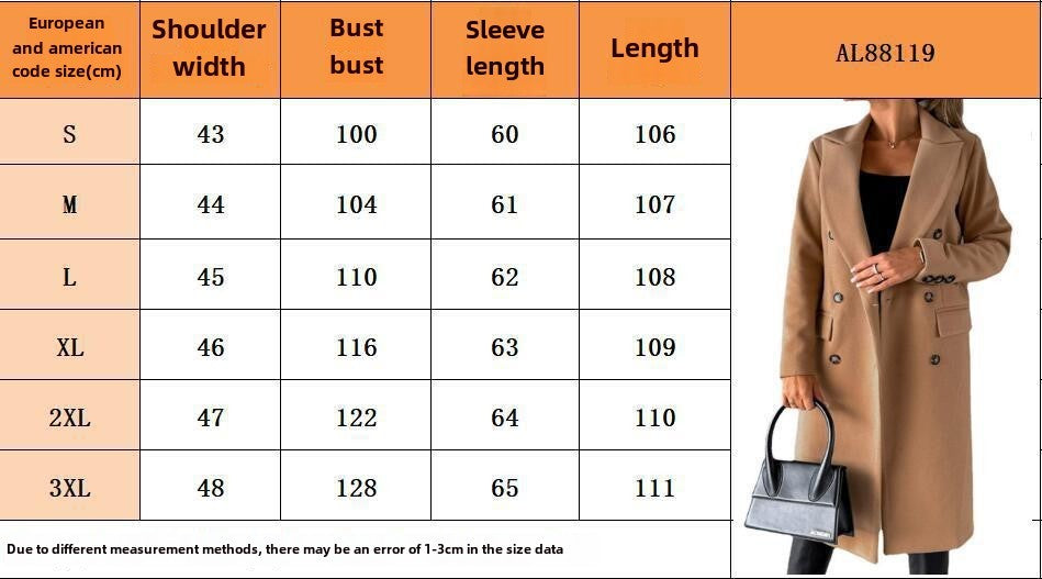 Autumn and Winter Women's Clothing Long-sleeved Lapel Solid Color Double-breasted Slim-fit Coat