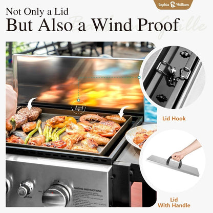 Sophia & William Churrasqueira a gás de 2 queimadores com chapa, churrasqueira a propano pequena para uso externo com prateleiras laterais, tampa e mangueira e regulador