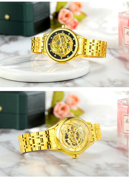 2024 Diamond Steel Skeleton Dial Golden Phoenix Women Fashion Automatic Watch Luxury Waterproof Mechanical Girl Wrist Lady Clock