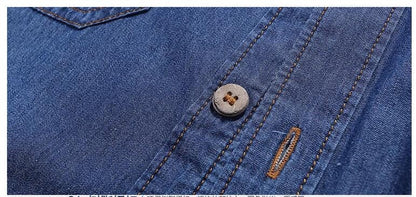 Men Multi pockets Blue Denim Shirts New Summer Male Short Sleeve Tooling Shirts High Quality Men Cotton Casual Jeans Shirts 4XL