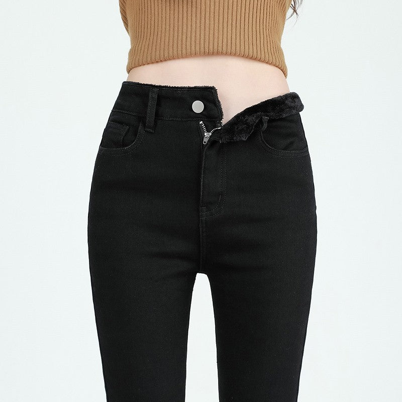 Winter Female Thin Snow Warm Plush Jeans Lady Chic Fleece Flared Pants Girls Korean High Waist Straight Leg Denim Trousers