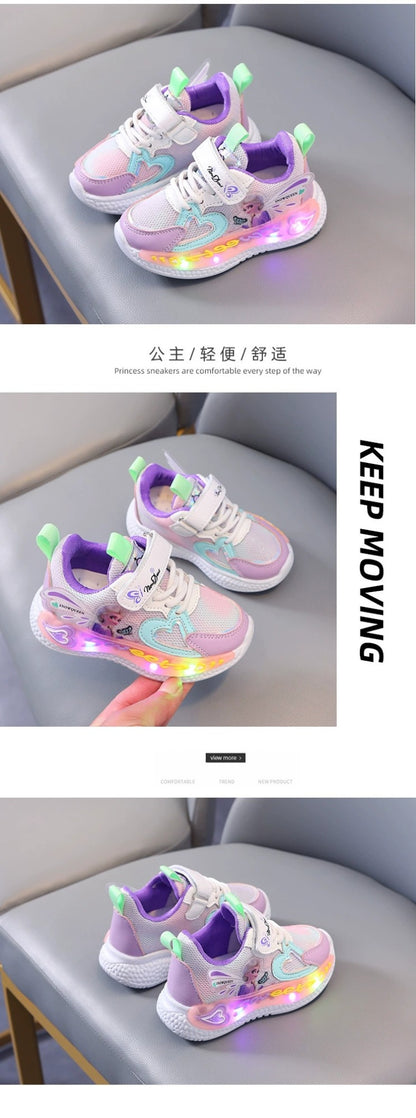 Disney Children Led Shoes Kids Girls Sneakers Frozen Elsa Princess Lighting Shoes Pink Purple Casual Sports Shoes Size 21-31