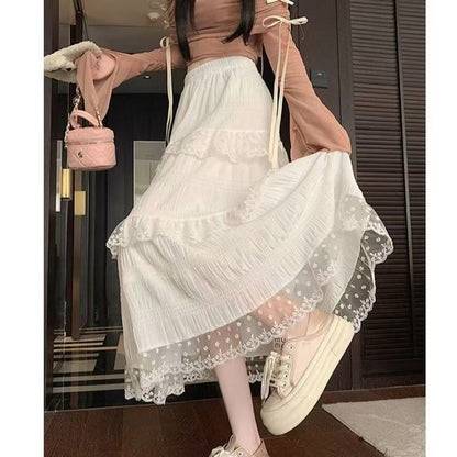 Summer Autumn Women Long Skirts Vintage High Waist Elastic Lace White Chic Long Cake A Line Skirt