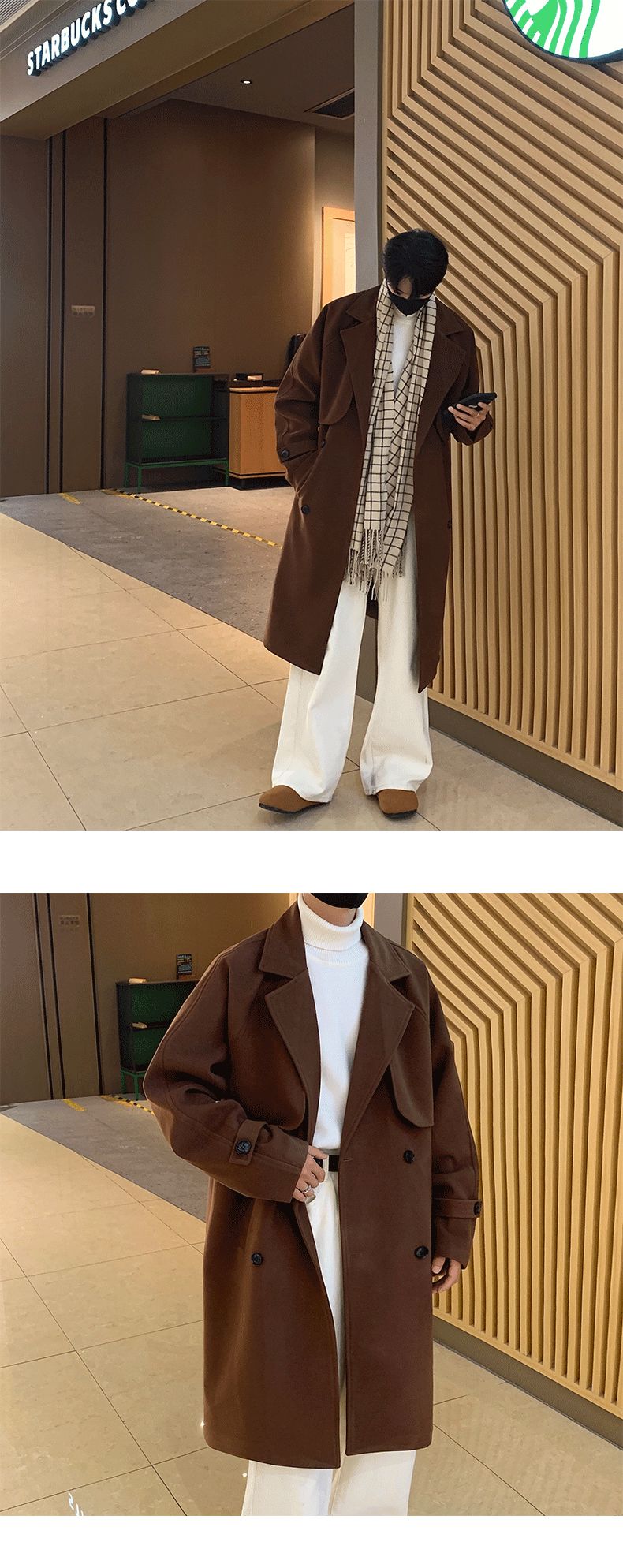 Men's Autumn Winter Mid Length Woolen Coat New Korean Tide Black Thickned Overcoat Long Sleeve Double-breasted Jackets