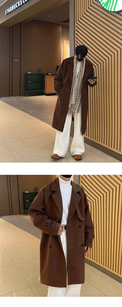 Men's Autumn Winter Mid Length Woolen Coat New Korean Tide Black Thickned Overcoat Long Sleeve Double-breasted Jackets