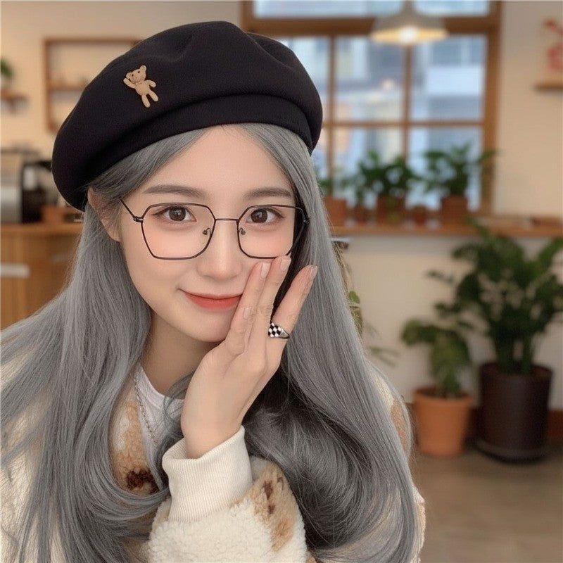 Female Autumn and Winter Temperament Retro Cartoon Teddy Bear Big Head Circumference Showing Face Small Fashion Woolen Beret