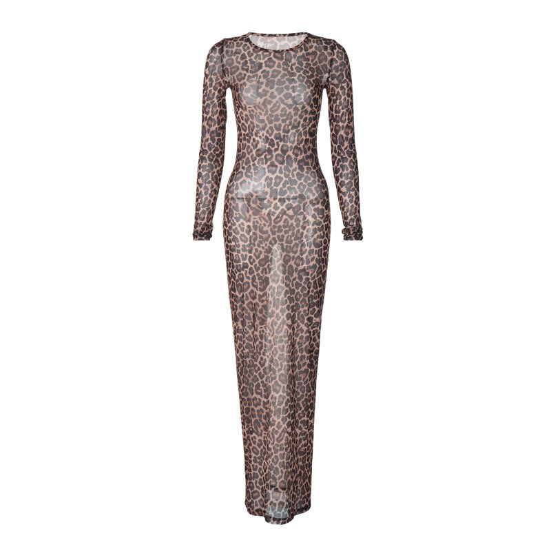 Hugcitar Leopard Print Mesh Long Sleeve Sexy Slim  See Through Maxi Dress Fall W