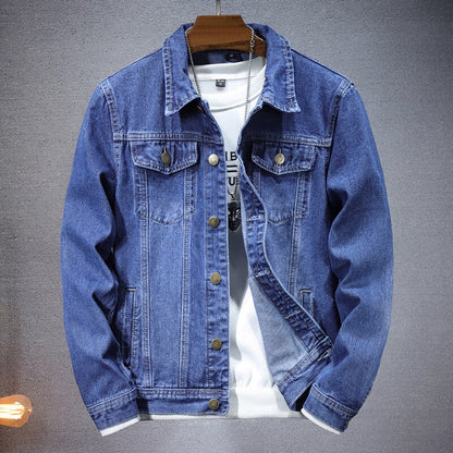 Men's casual denim jacket for spring and fall, metallic single-breasted denim jacket size M-5XL