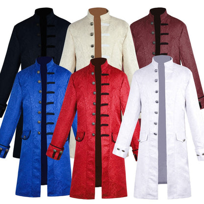 Men's Medieval Style Windbreaker Coat Vintage Lapel Jacquard Medium Length Trench Coat Halloween Party Costume Retro Outerwear