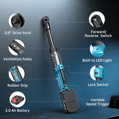 Seesii Chave Elétrica Sem Fio 3/8'' 80Nm Chave Catraca Estendida 6'' Chave de Ângulo Elétrica Chave de Fenda Kit Ferramentas de Reparo Automotivo 12V