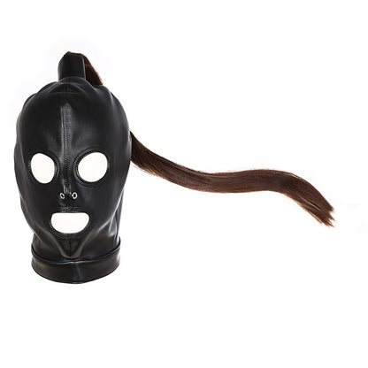 Unisex Latex Hood Mask Sexy Men Women PU Leather Masks Cosplay Flirting Tail Chest Strap Headwear Cosplay Sexy Accessory