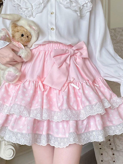 Zoki Kawaii Bow Cake Skirt Women High Waist Cute Dot Sweet Mini Skirts Fashion Casual Japan Female Solid Summer A Line Skirt New