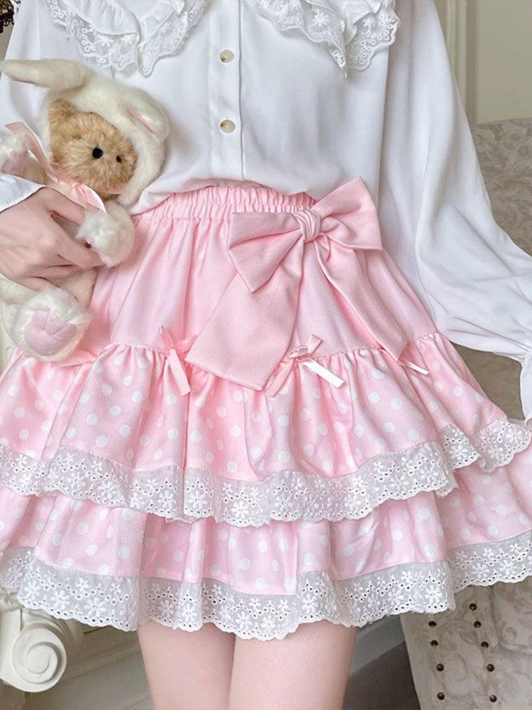 Zoki Kawaii Bow Cake Skirt Women High Waist Cute Dot Sweet Mini Skirts Fashion Casual Japan Female Solid Summer A Line Skirt New