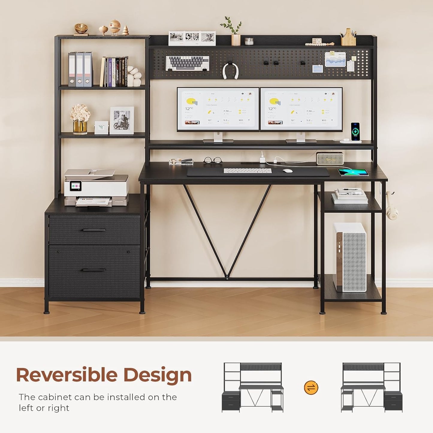 Gaming Desk with Hutch, 65in Reversible Computer Desk with Power Outlets LED Light, Home Office Desk with Monitor