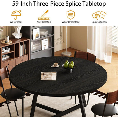 Large Round Dining Table for 6-8,Wooden Dinner Table with Heavy Duty Metal Pedestal Base,for Kitchen Living Room, 59 Inch, Black