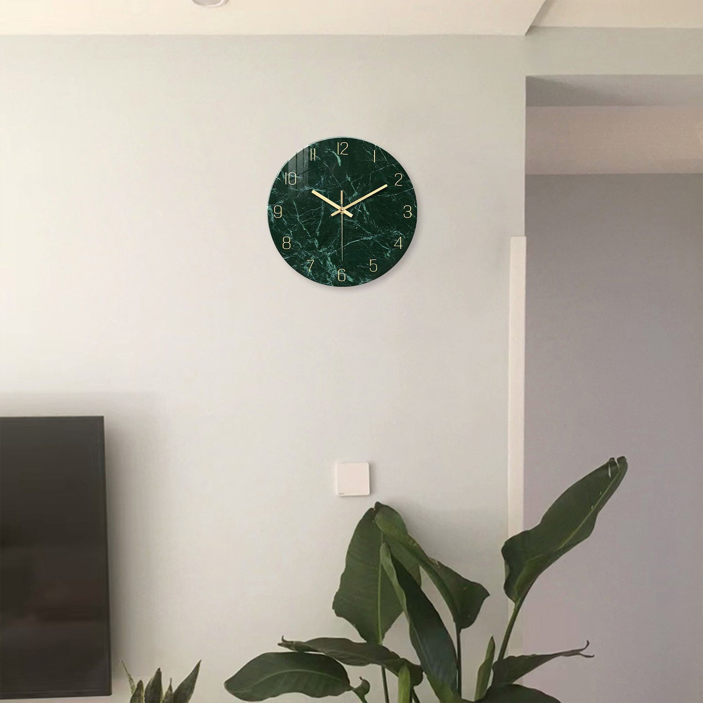 Personalized Dark Green Marble Texture Pattern Tempered Glass Wall Clock Living Room Bedroom Kitchen Home Decoration Wall Clock Silent Quartz Clock Holiday Gift 12 Inches 14 Inches 16inch (Without Batteries)