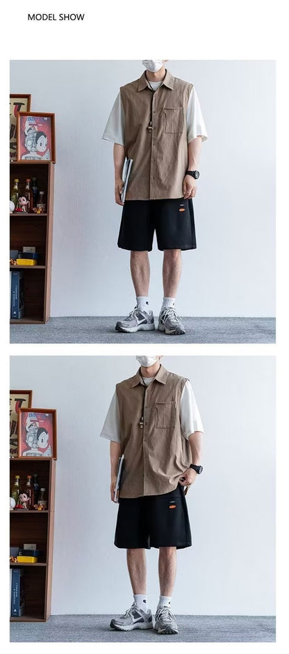 Summer Retro Fake Two-Piece Shirts For Men Casual Patchwork Short Sleeve Cargo Shirt 2025 New Pocket Y2K Streetwear Tee Tops