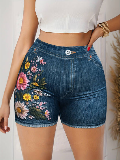 Women's Stretch Denim Like Shorts with Floral Print Design Casual  Versatile Summer Style